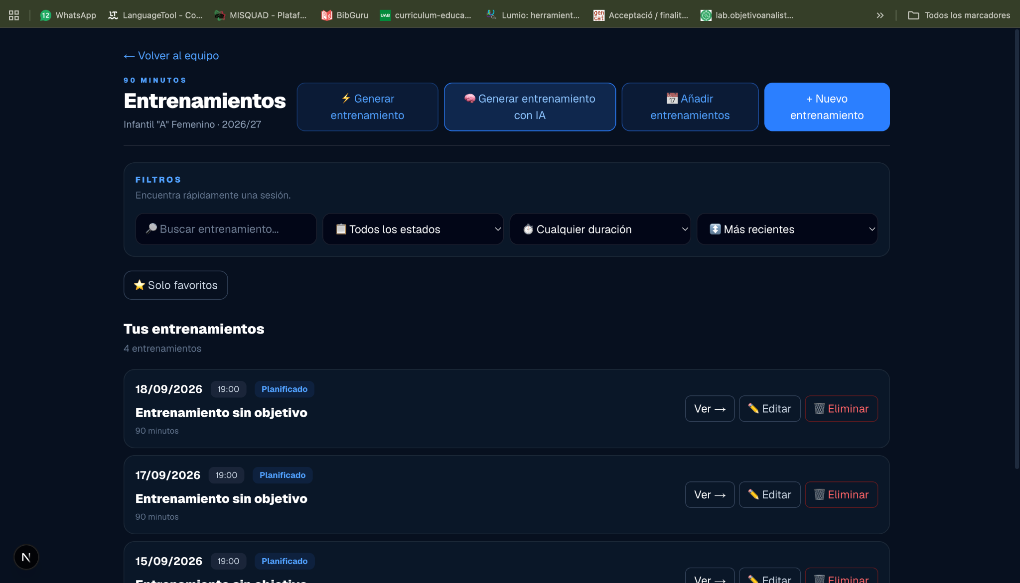 Gestión de entrenamientos de 90 MINUTOS
