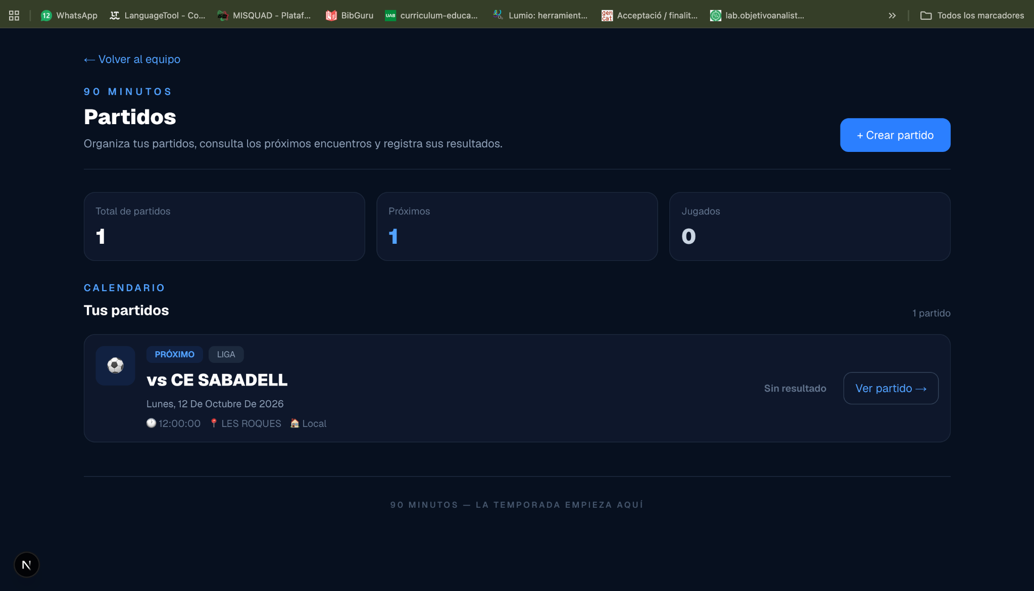 Gestión de partidos de 90 MINUTOS